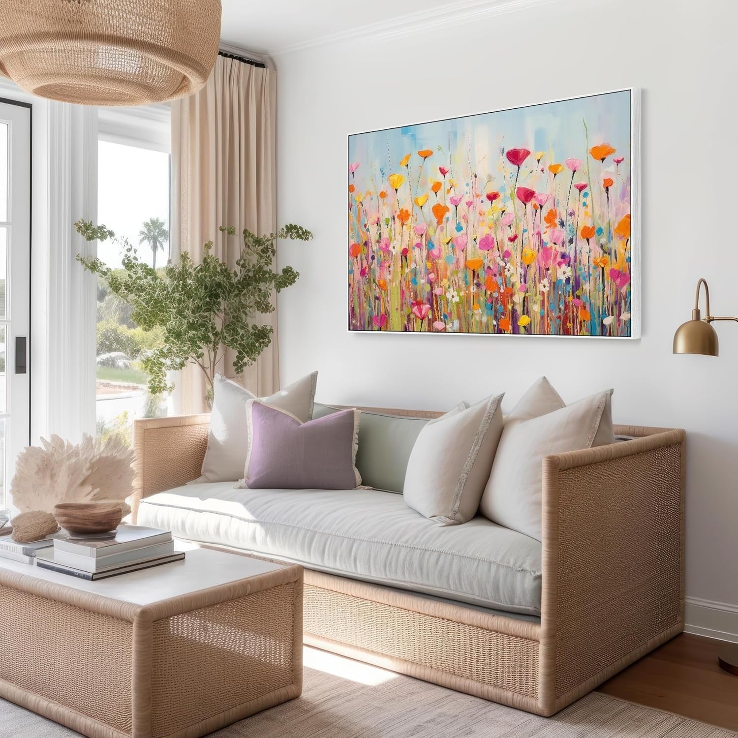 Large Colourful Floral Canvas Wall Art 93x63 cm Framed Living Room Decor
