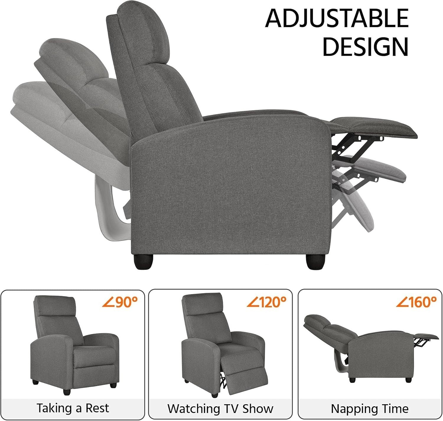 Grey Fabric Recliner Armchair Lounge Chair Sofa Adjustable Home Cinema