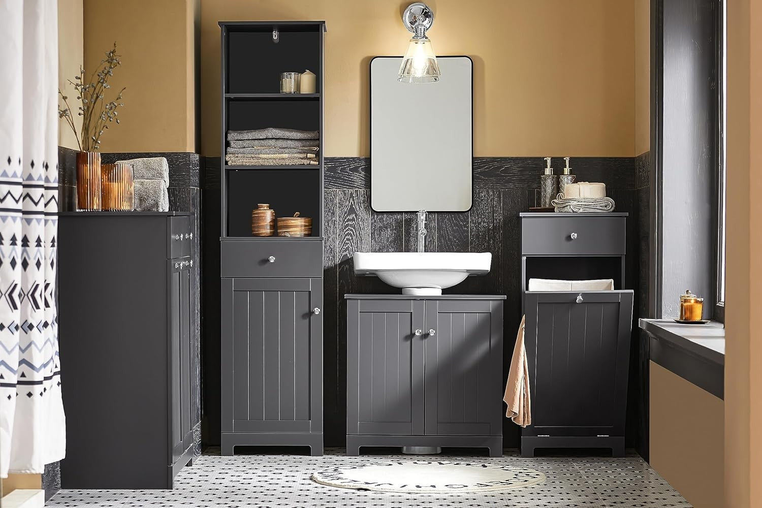 Modern Under Sink Bathroom Cabinet 60x60cm – Dark Grey MDF Storage Unit w/ Shelf
