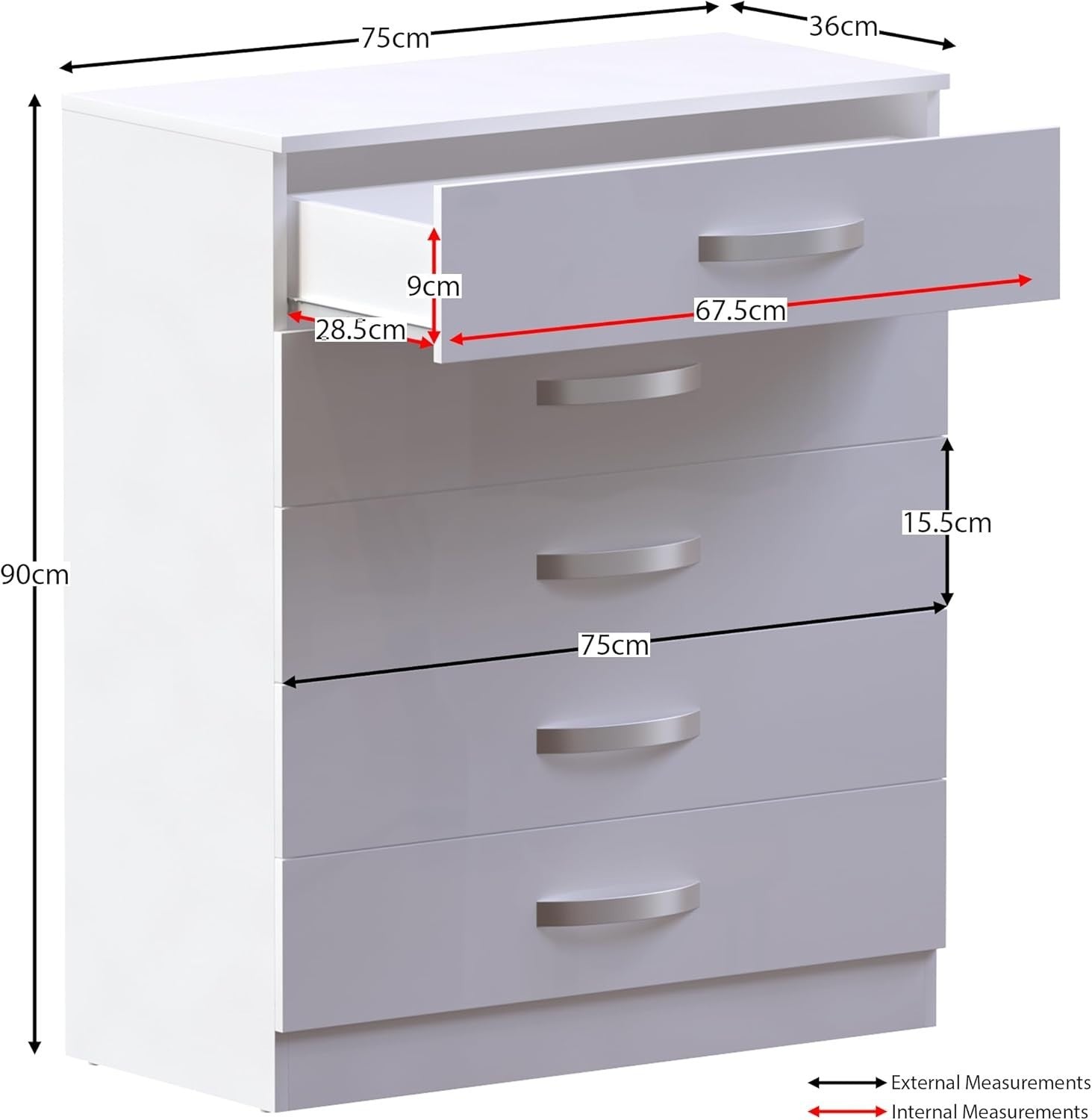 White High Gloss 5 Drawer Chest Storage Cabinet with Smooth Glide Drawers