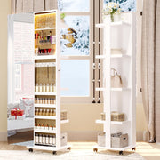 White 360° Rotating Jewellery Cabinet Sliding Door LED Mirror with Wheels