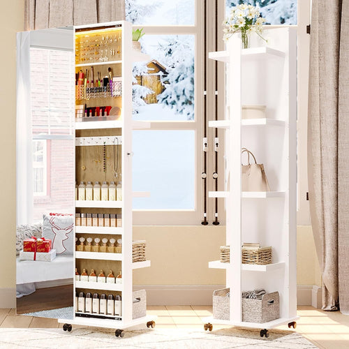 White 360° Rotating Jewellery Cabinet Sliding Door LED Mirror with Wheels