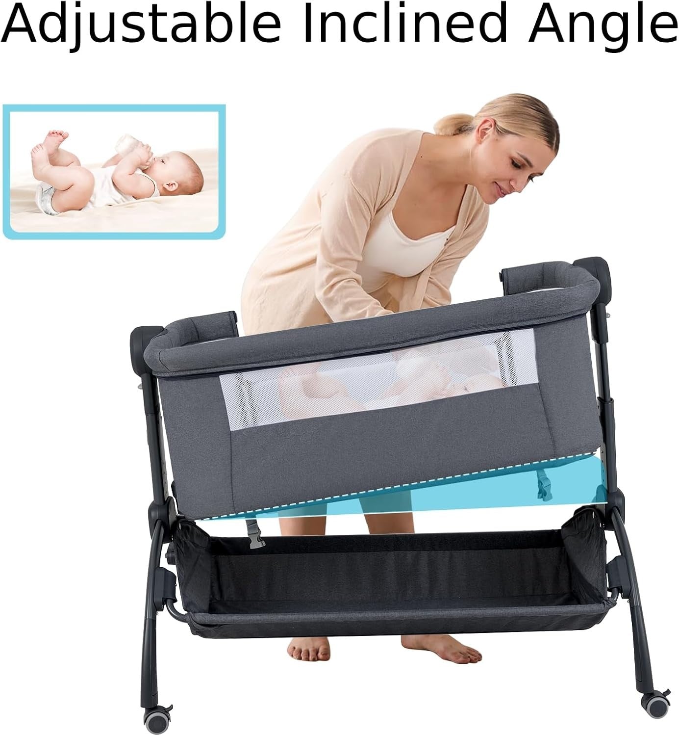 Baby Bedside Crib Adjustable Bassinet with Mattress Newborn Sleeper Dark Grey