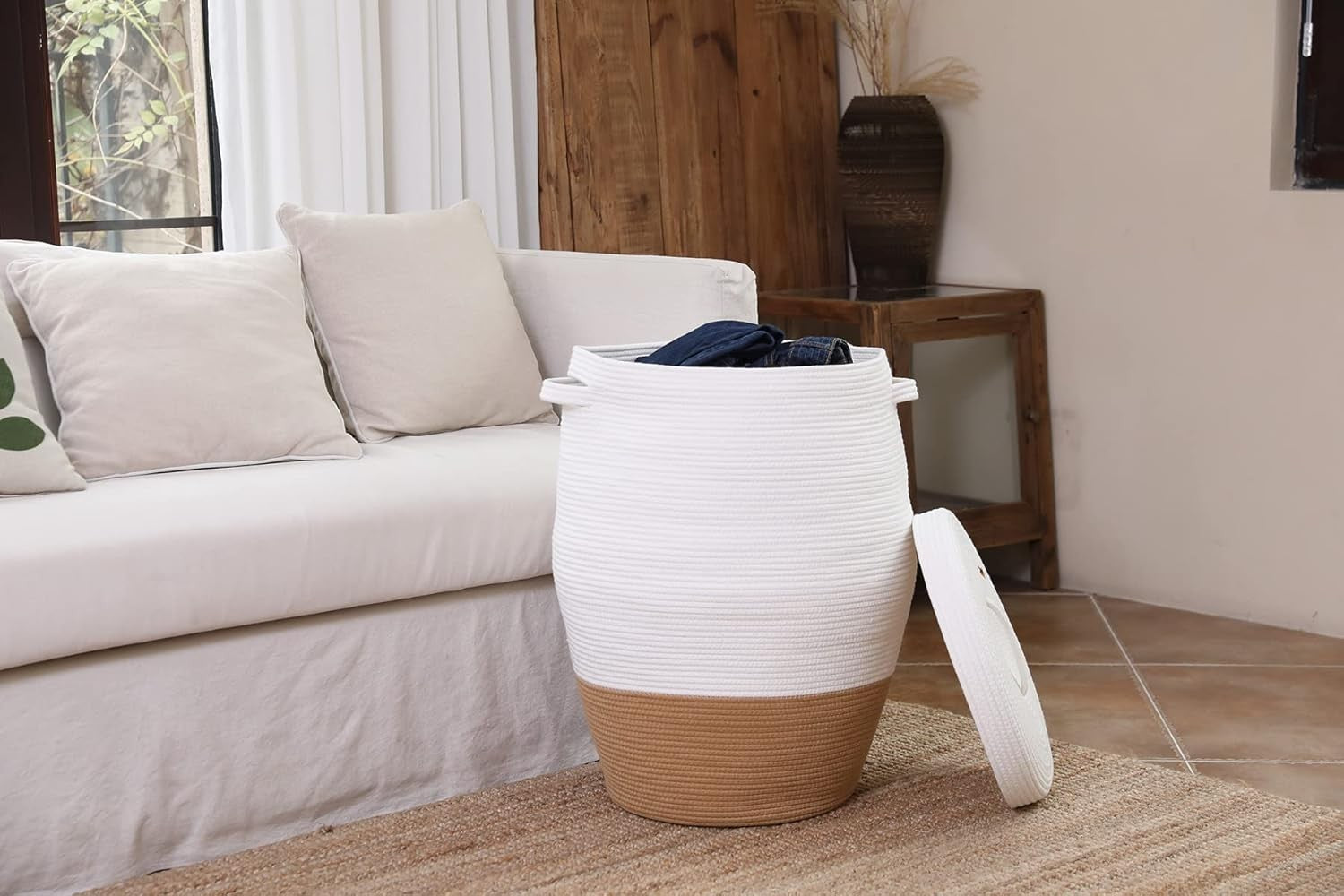 Tall 26" White Camel Laundry Basket with Lid Large Woven Cotton Rope Storage Bin