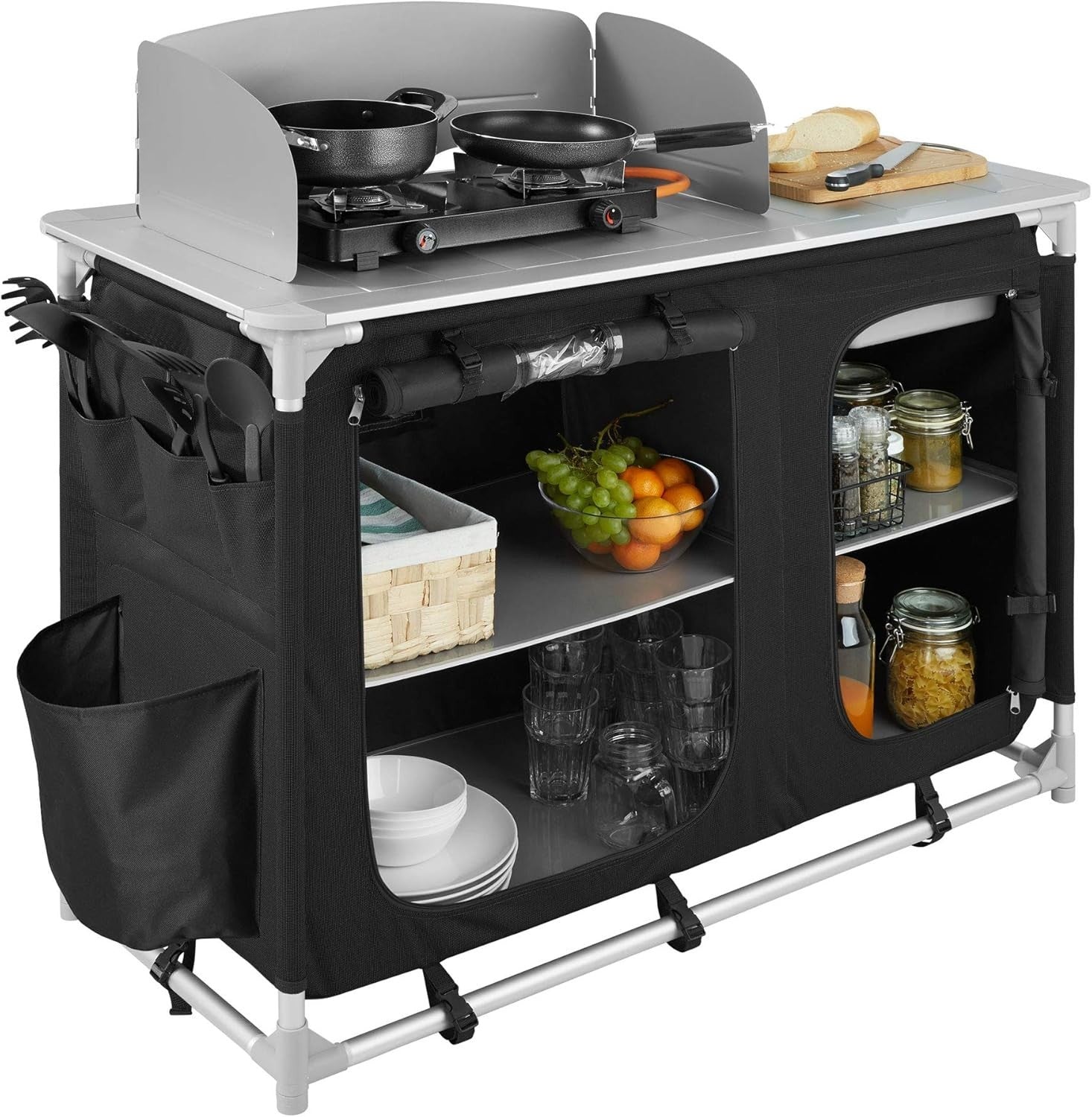 Folding Camping Kitchen Unit Cupboard Storage Table Outdoor BBQ Station