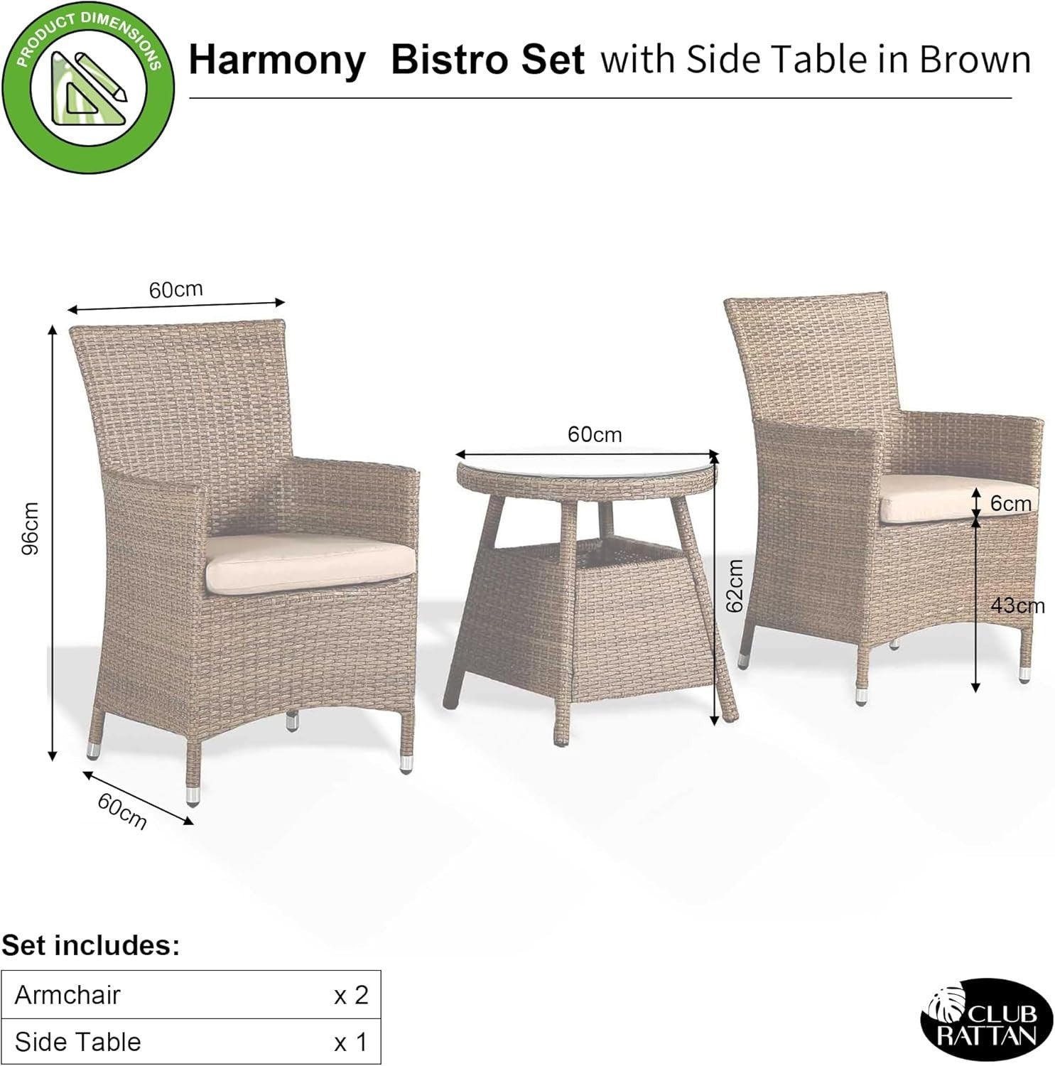 Brown Rattan Bistro Set 2 Armchairs with Side Table Balcony Patio Seating