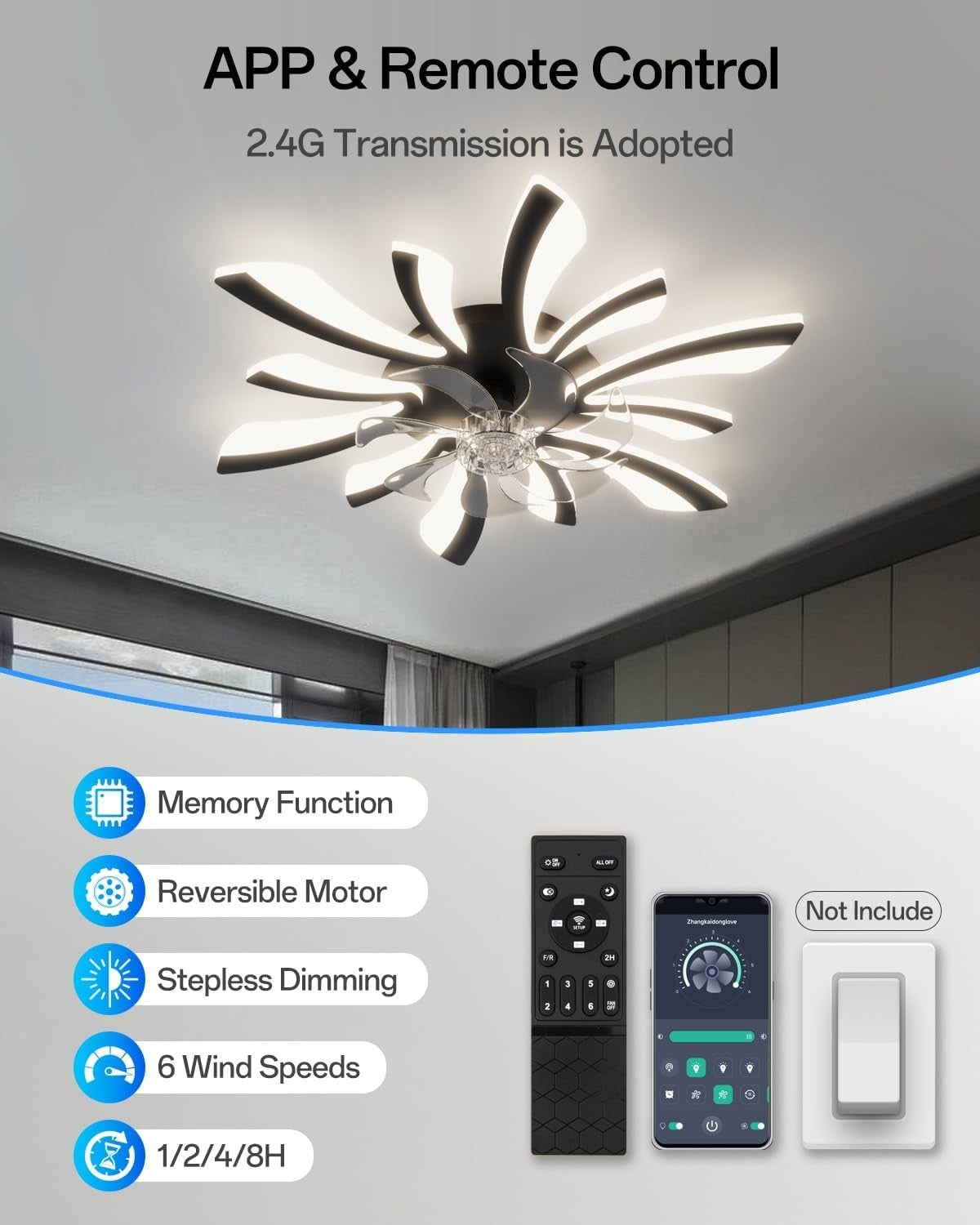30.7" Ceiling Fan with Lights, 6 Speeds, Dimmable, Remote & LED