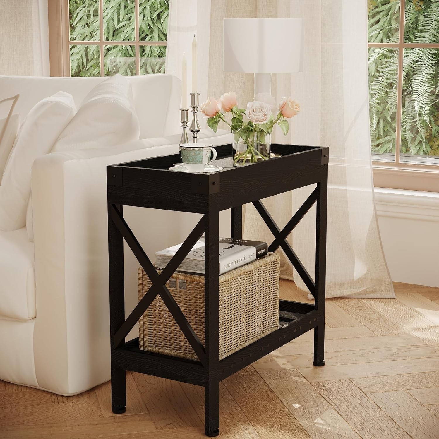 Narrow Black End Table with Storage Shelf – Compact Nightstand for Small Rooms