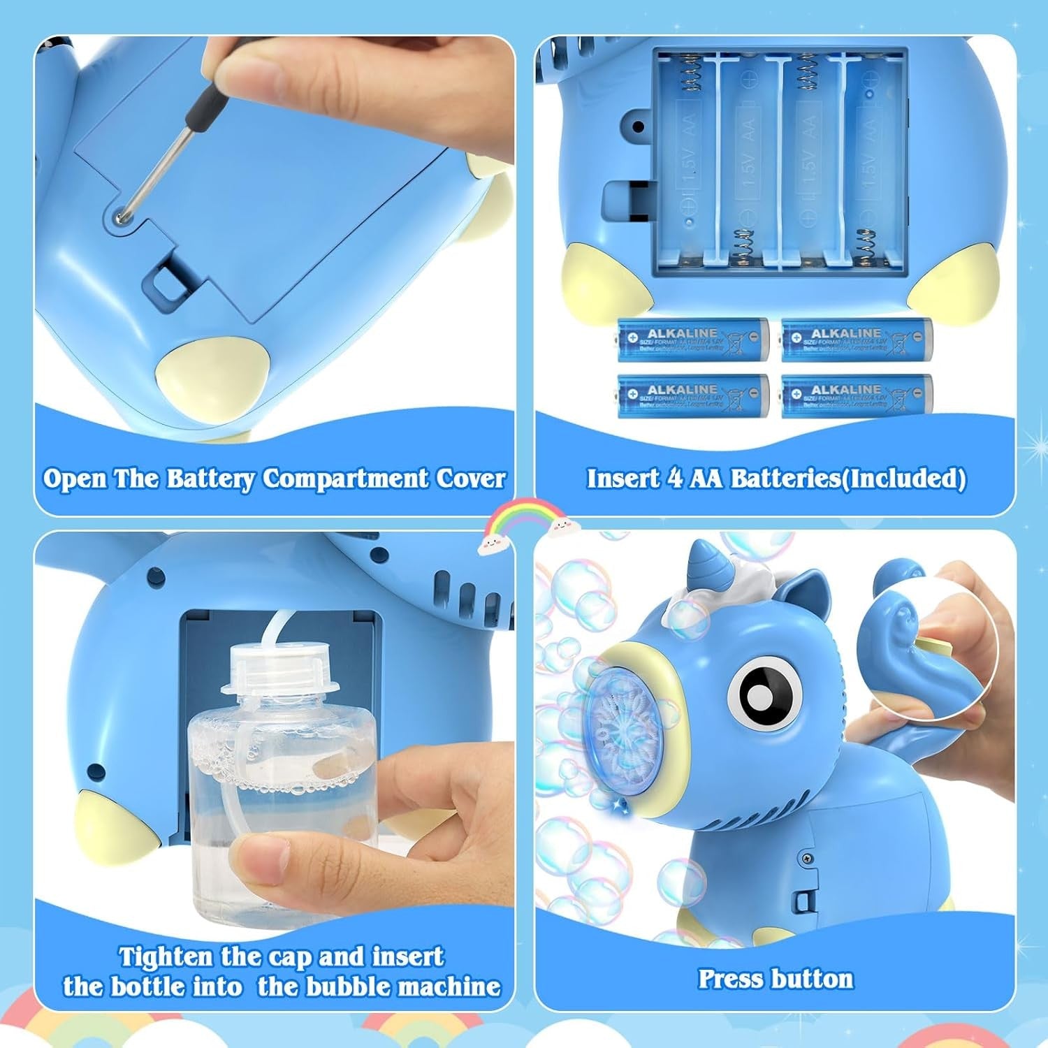 Unicorn Bubble Machine with Lights 10000 Bubbles Blue