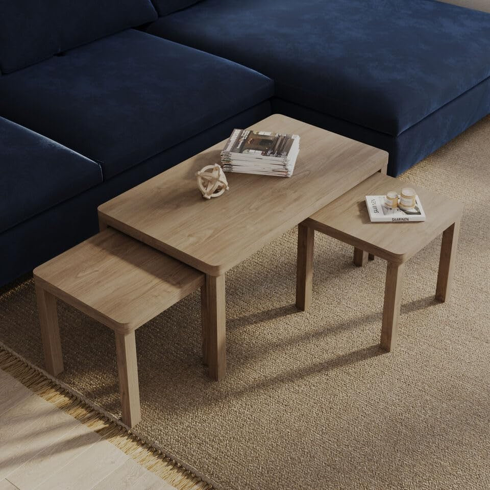 Space Saving Oak Nesting Coffee Table Set 3: Large Rectangular + 2 Square End Ta