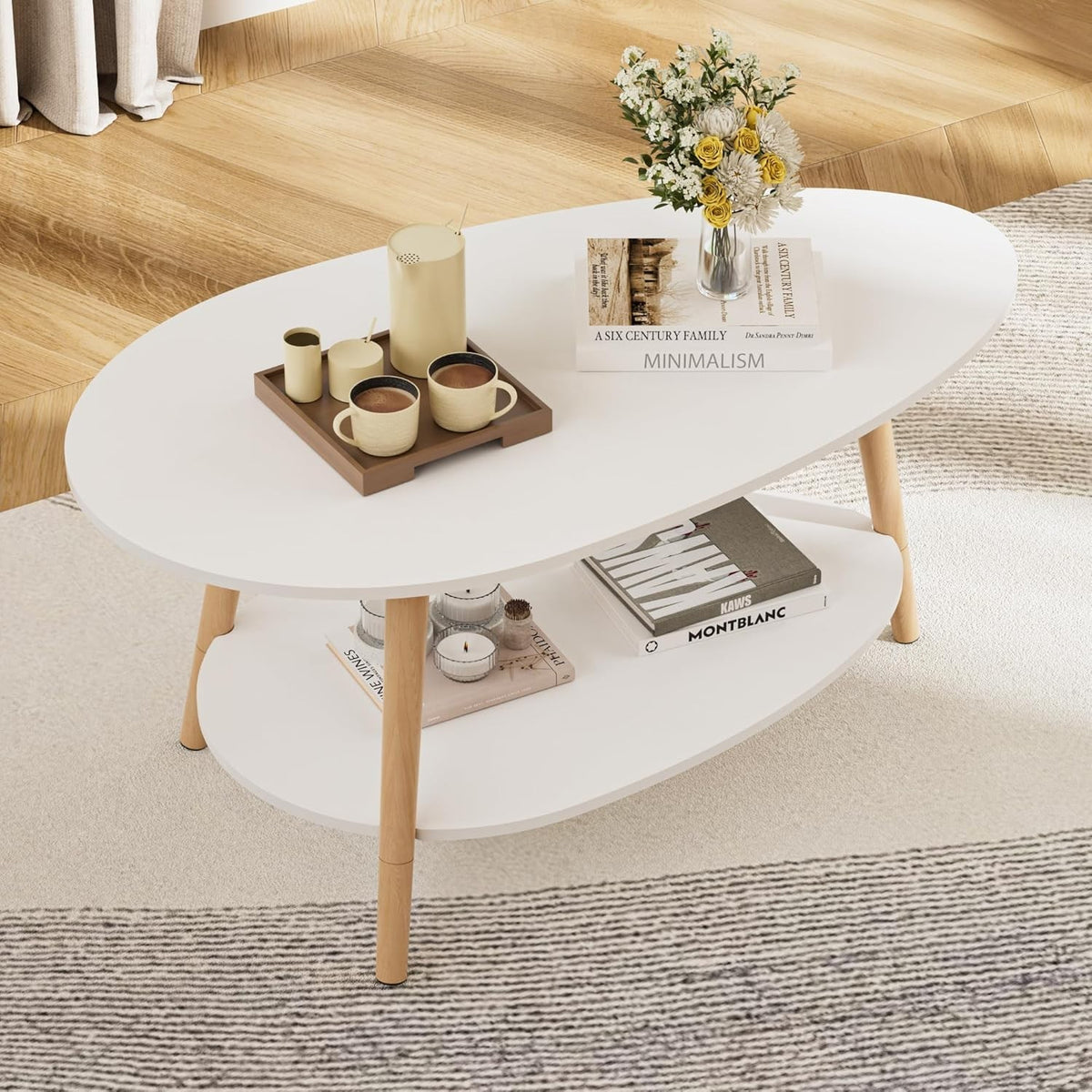Modern Oval Coffee Table White 2-Tier Storage 90x50cm Small Space Table