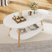 Modern Oval Coffee Table White 2-Tier Storage 90x50cm Small Space Table