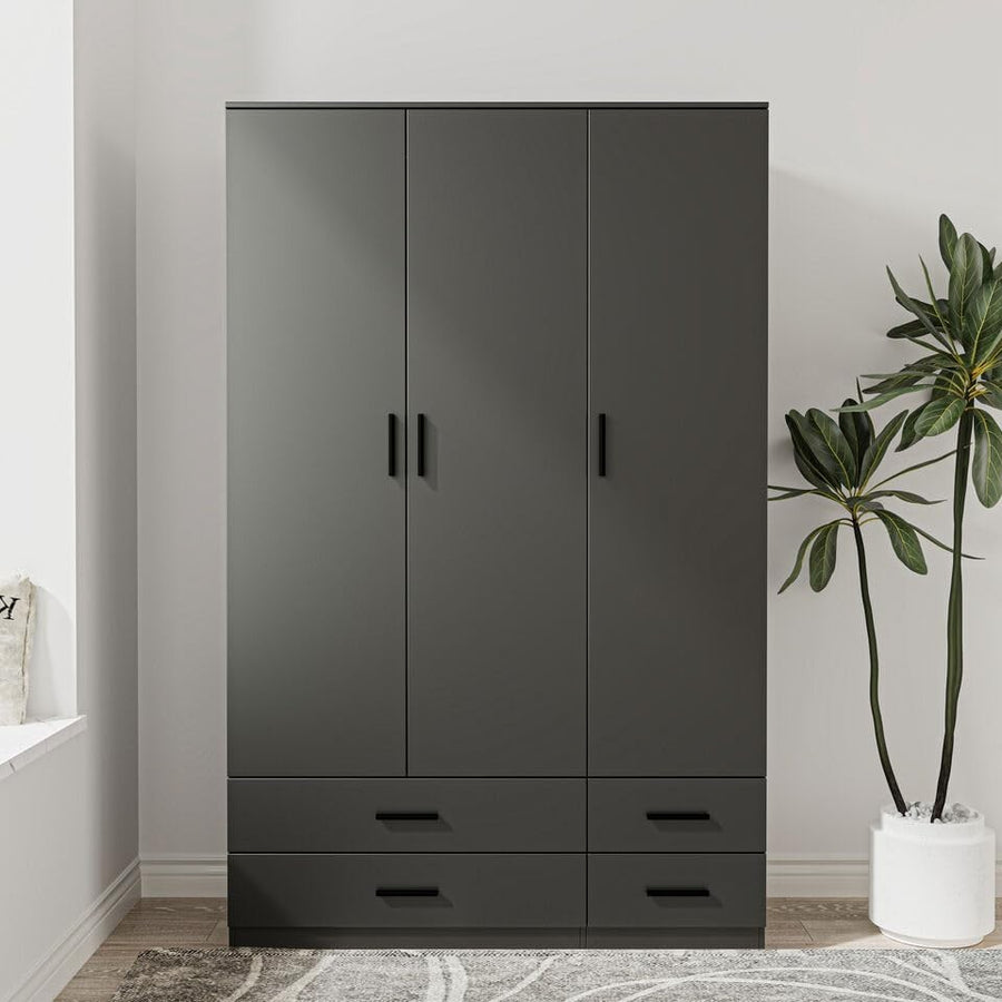 3 Door 4 Drawer Wardrobe Hanging Rail Black Bedroom Storage Organizer