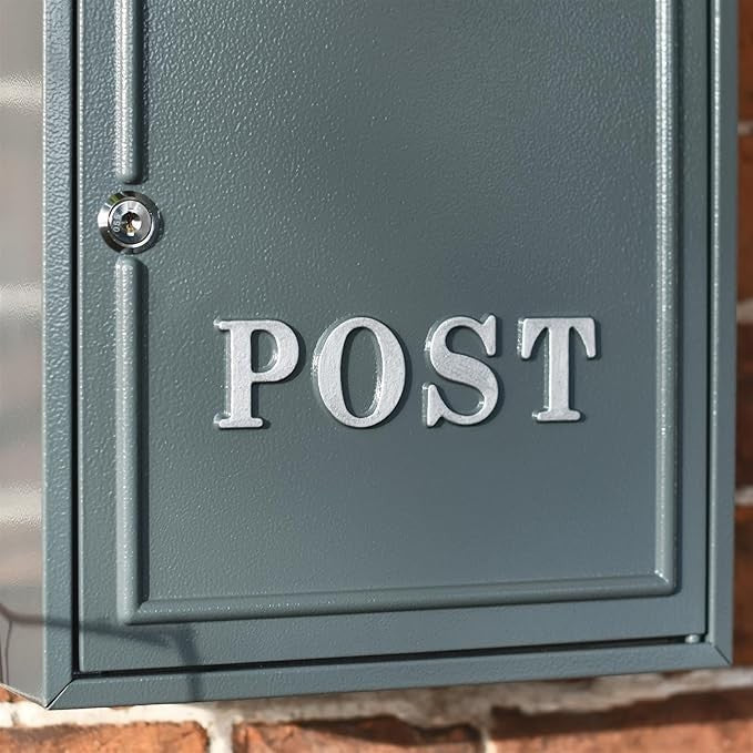 Secure Wall Mounted Post Box Grey Steel A4 Flap Lockable Outdoor Mailbox