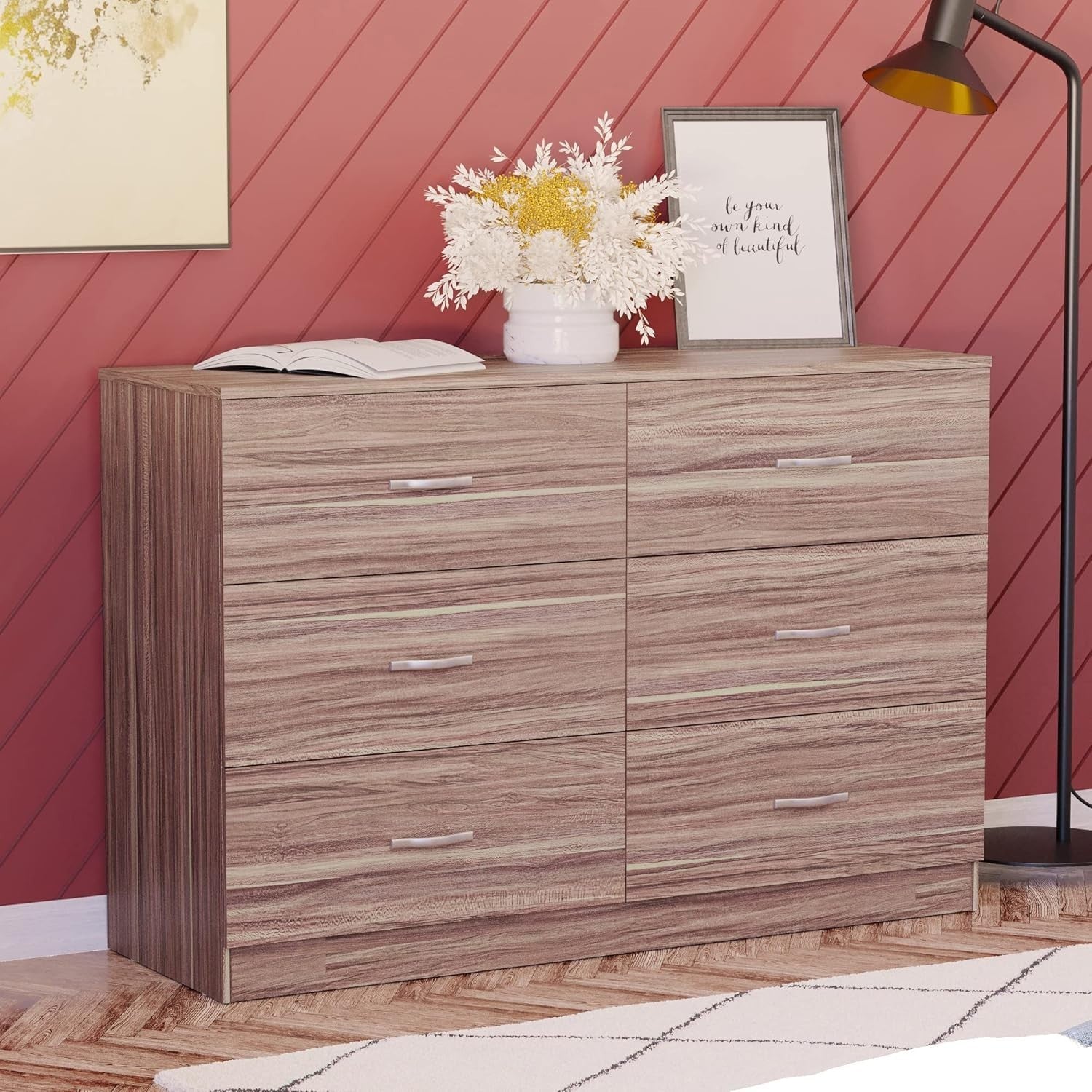 Walnut 6 Drawer Chest Bedroom Storage Unit Sliding Drawers Flatpack