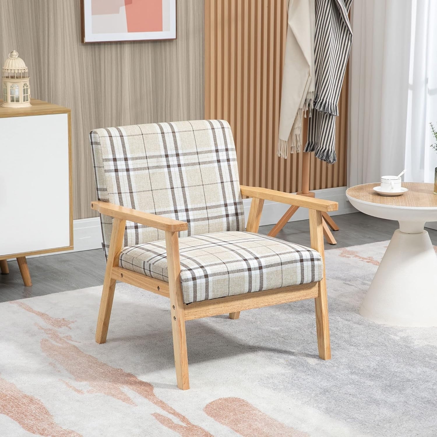 Modern Beige Linen Armchair with Rubberwood Frame – Comfortable 1-Seater Sofa