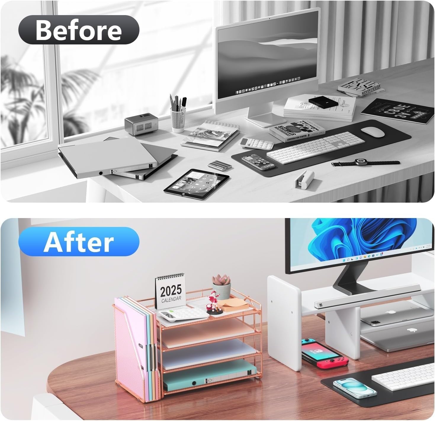 Large Desk Organizer with 4-Tier Paper Tray & Detachable Magazine Holder
