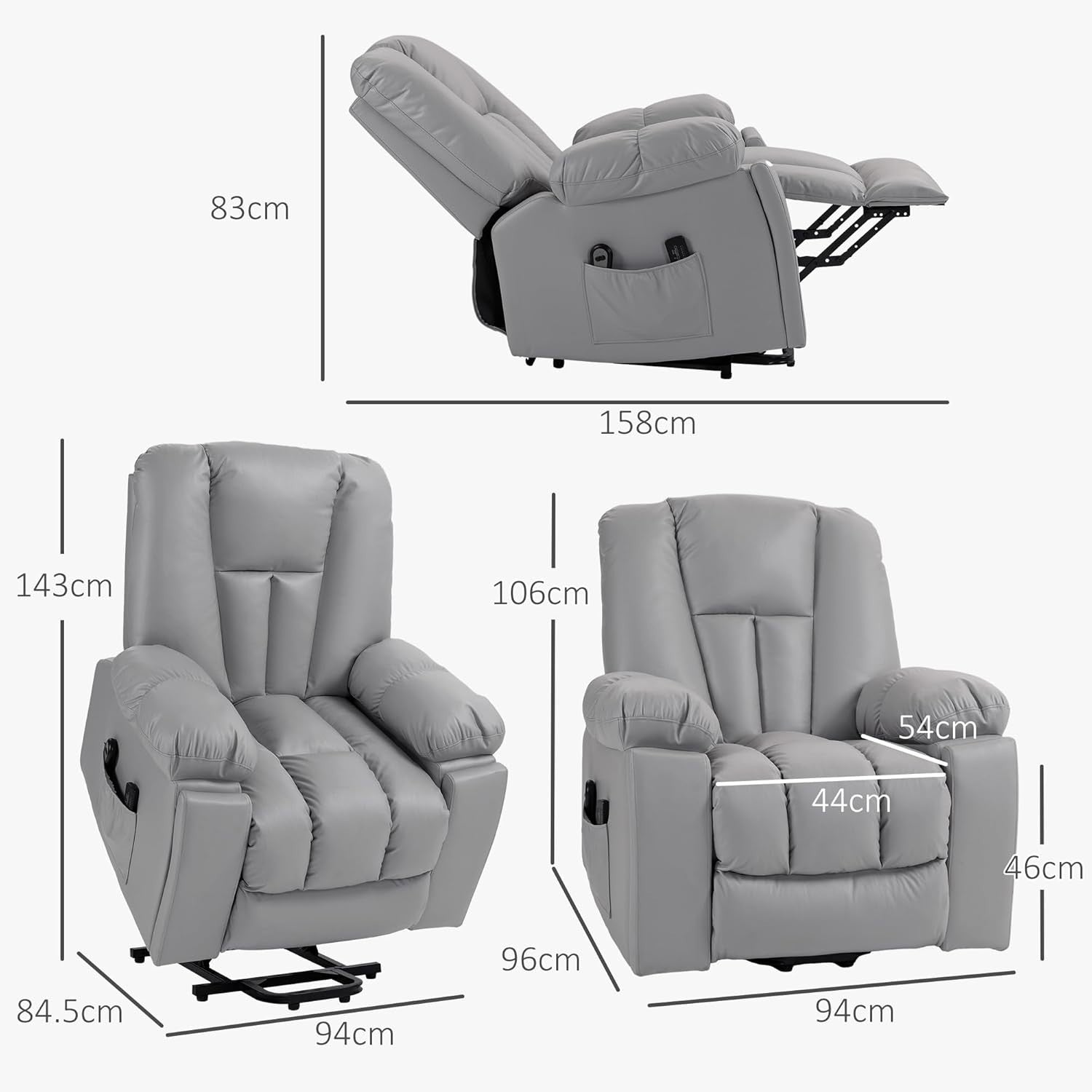 Power Lift Recliner Chair Massage 135° Recline Cup Holder Pocket Spring Grey