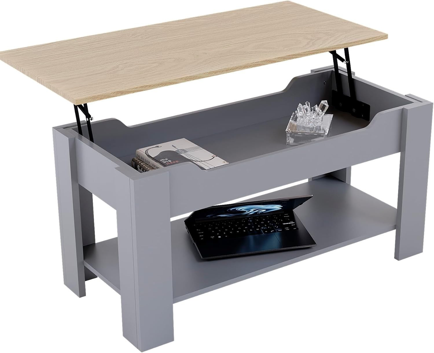 Lift-Up Coffee Table with Hidden Storage & Shelf 100x48x48-60cm Oak Grey