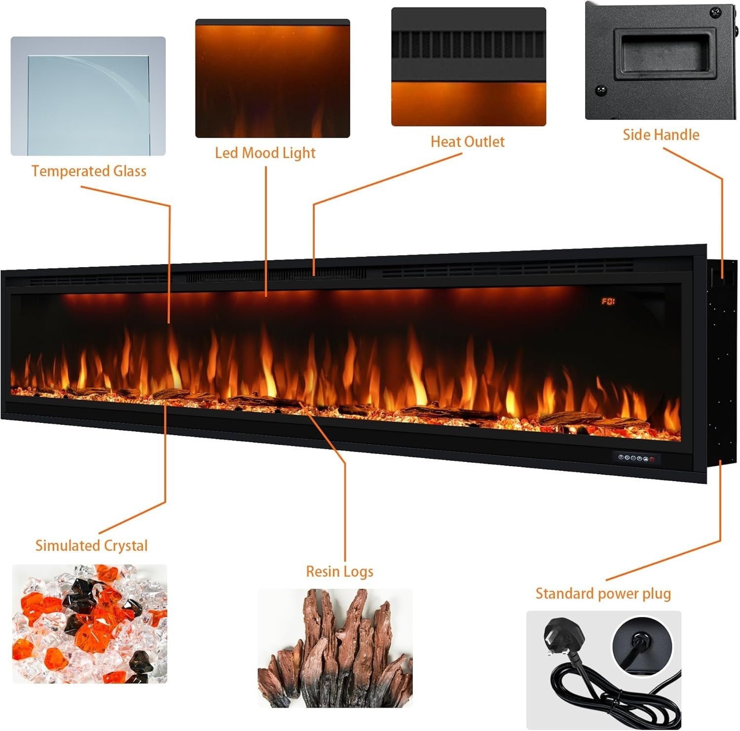 Slim Electric Fireplace Wall Mount Heater 74” Remote Timer Multicolor Flame