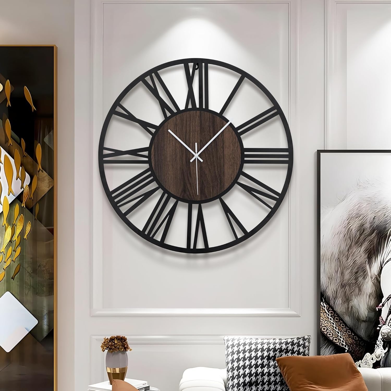 Large 50cm Silent Wall Clock Rustic Metal Wood Roman Numeral Home Decor