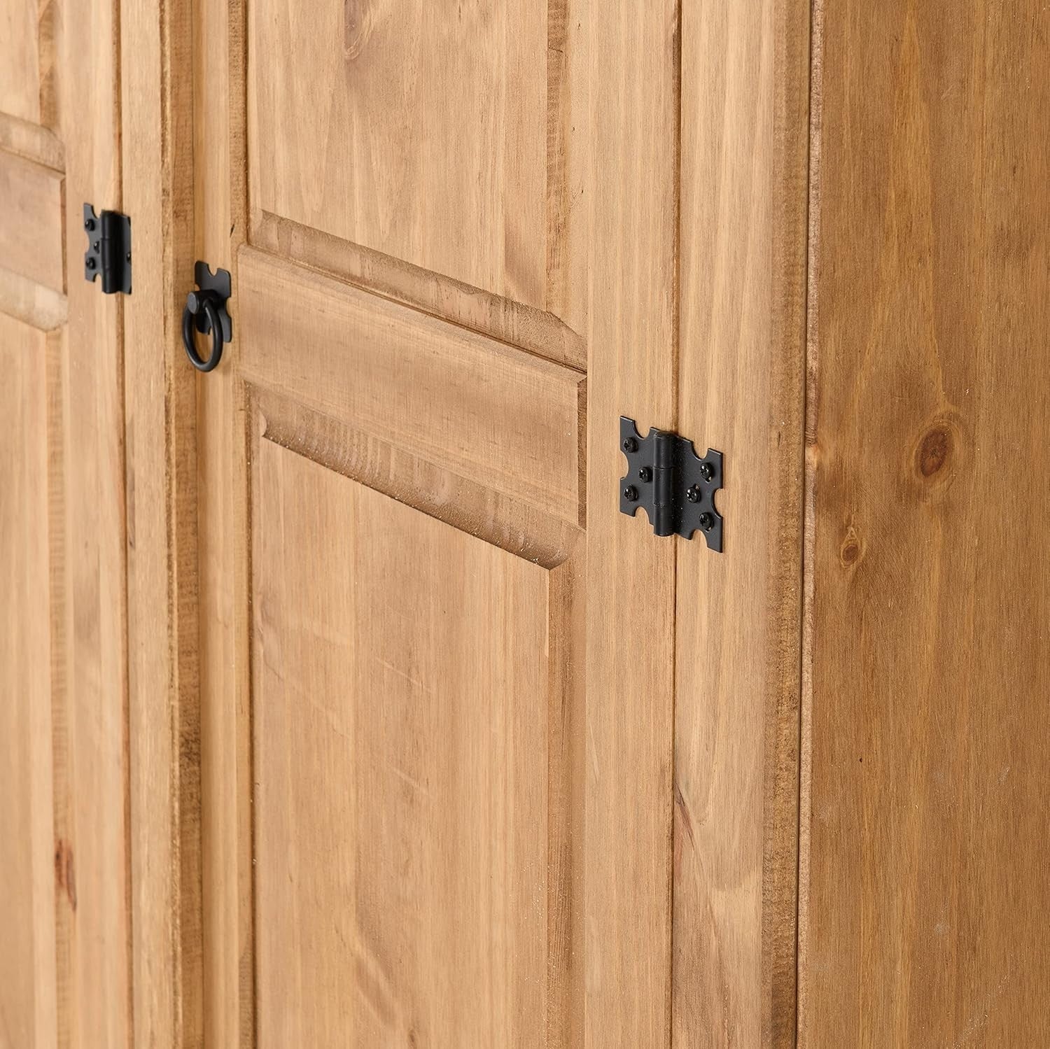 Rustic 3 Door Pine Wardrobe with Hinged Doors & Metal Handles - Bedroom
