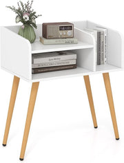 White Wooden Bedside Table with Open Shelves & Metal Legs – Modern Small