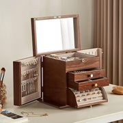 Walnut Wooden Jewelry Organizer Box Lockable Mirror 4 Tier Storage