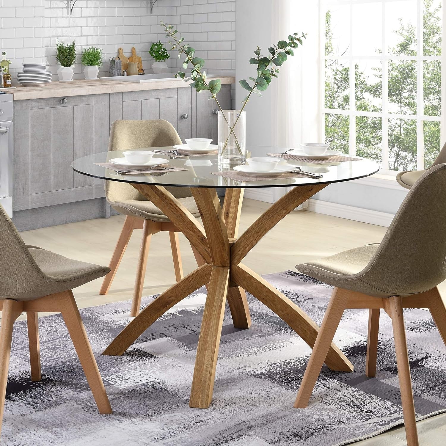 120cm Round Glass Dining Table with Solid Oak Legs Modern Kitchen Table