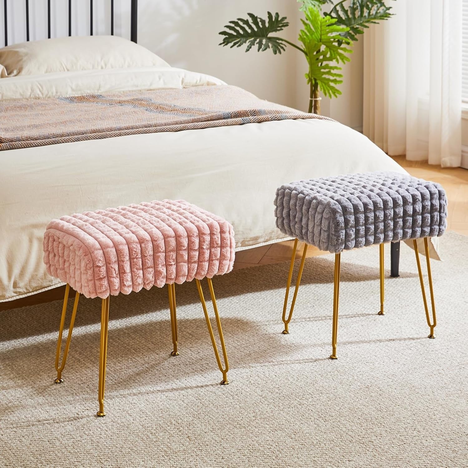 Pink Velvet Footrest Stool Ottoman – Gold Legs, Compact Vanity Seat & Side Table