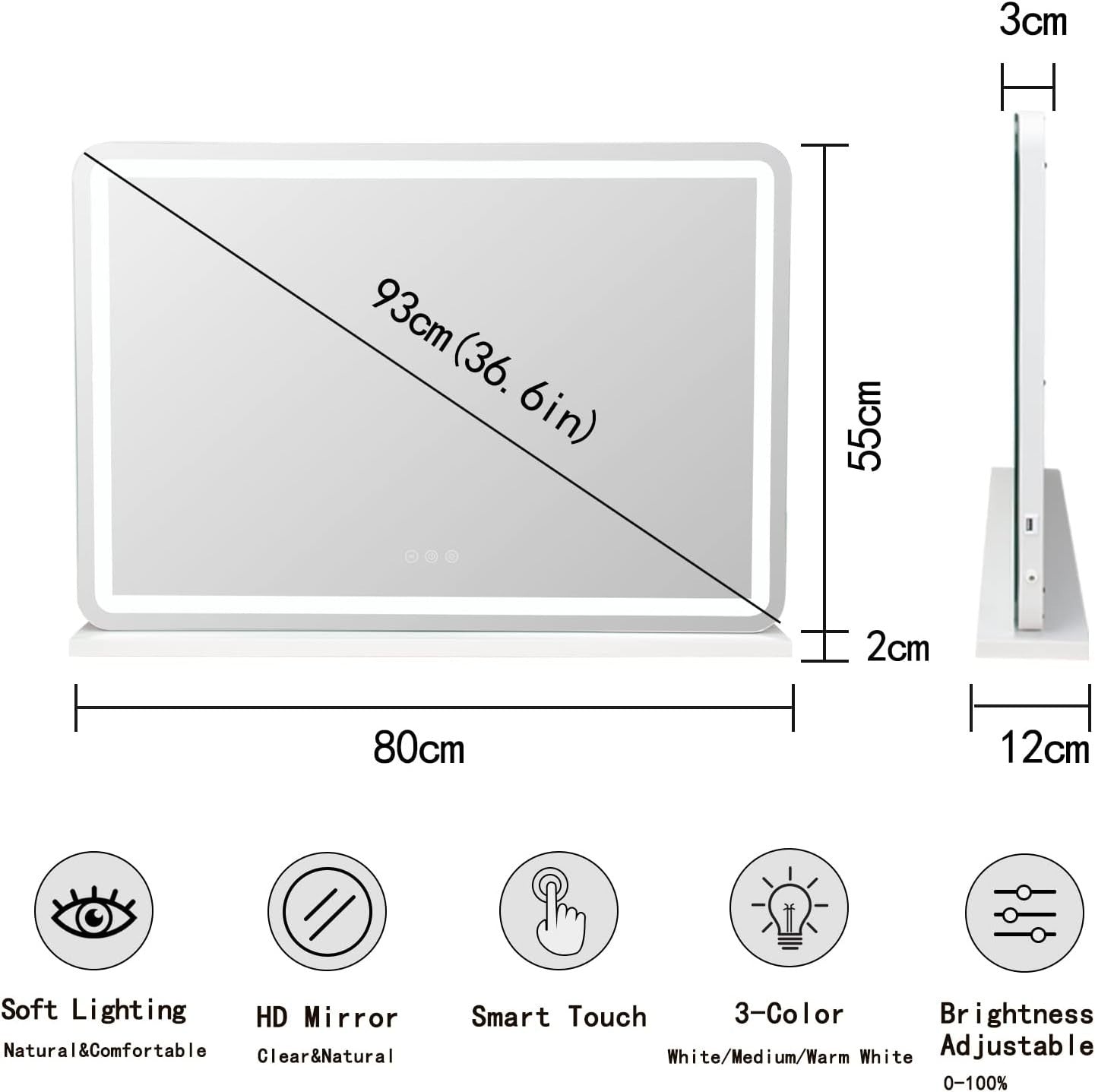 Touchscreen LED Vanity Mirror 55x80cm with USB Port & 10X Magnifier