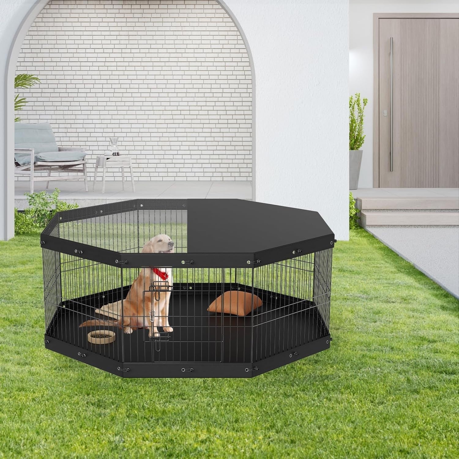Foldable 24" Metal Dog Playpen 8-Panel Fence with Top Cover Indoor Outdoor