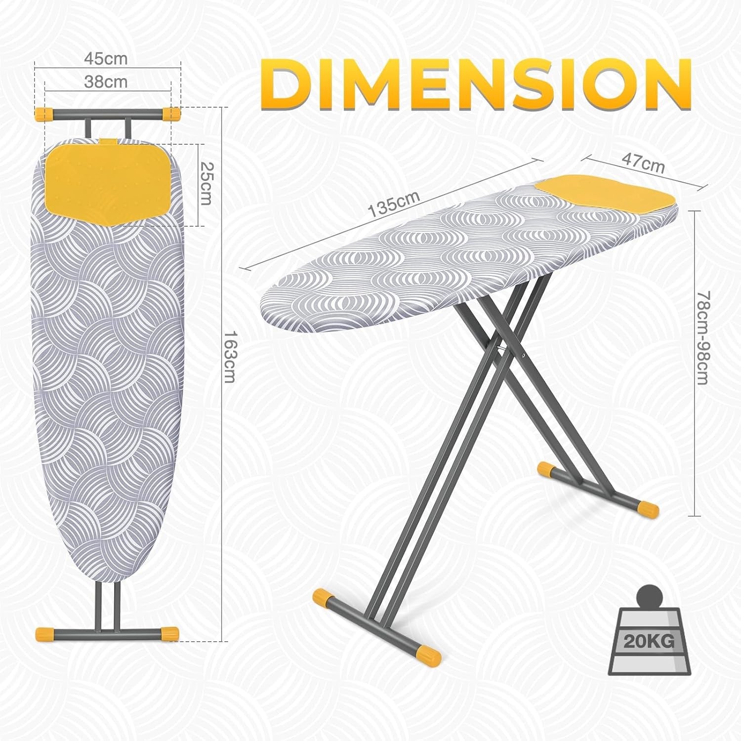 Extra Wide Ironing Board Height Adjustable Heavy Duty Foldable 135x46cm