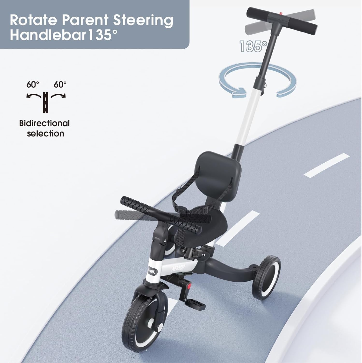5 in 1 Toddler Tricycle Parent Handle Balance Bike Safety Belt White