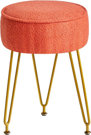 Orange Teddy Velvet Round Footrest Ottoman – Vanity Stool with Gold Legs