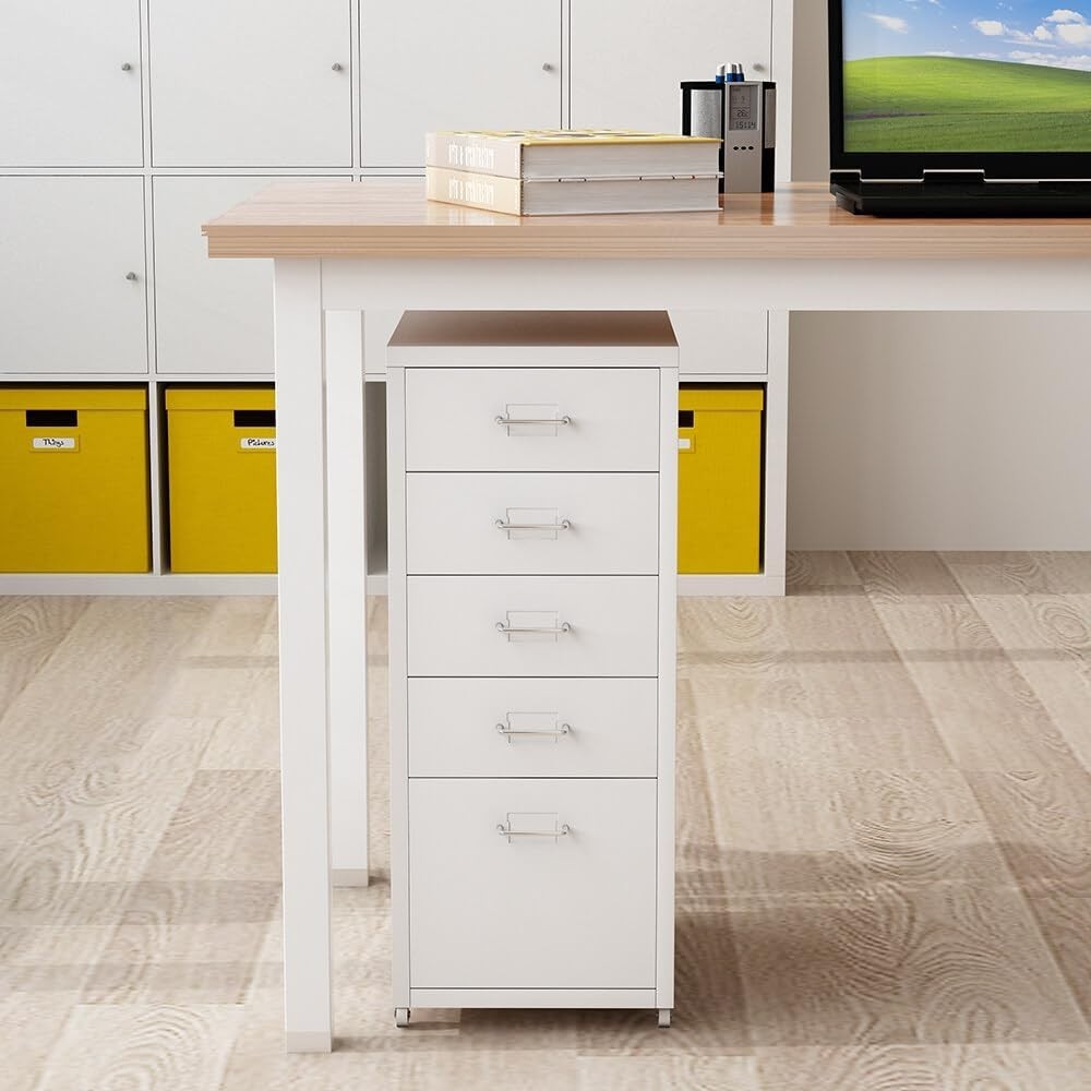 White Metal Filing Cabinet 5 Drawer on Wheels Tall Office Storage