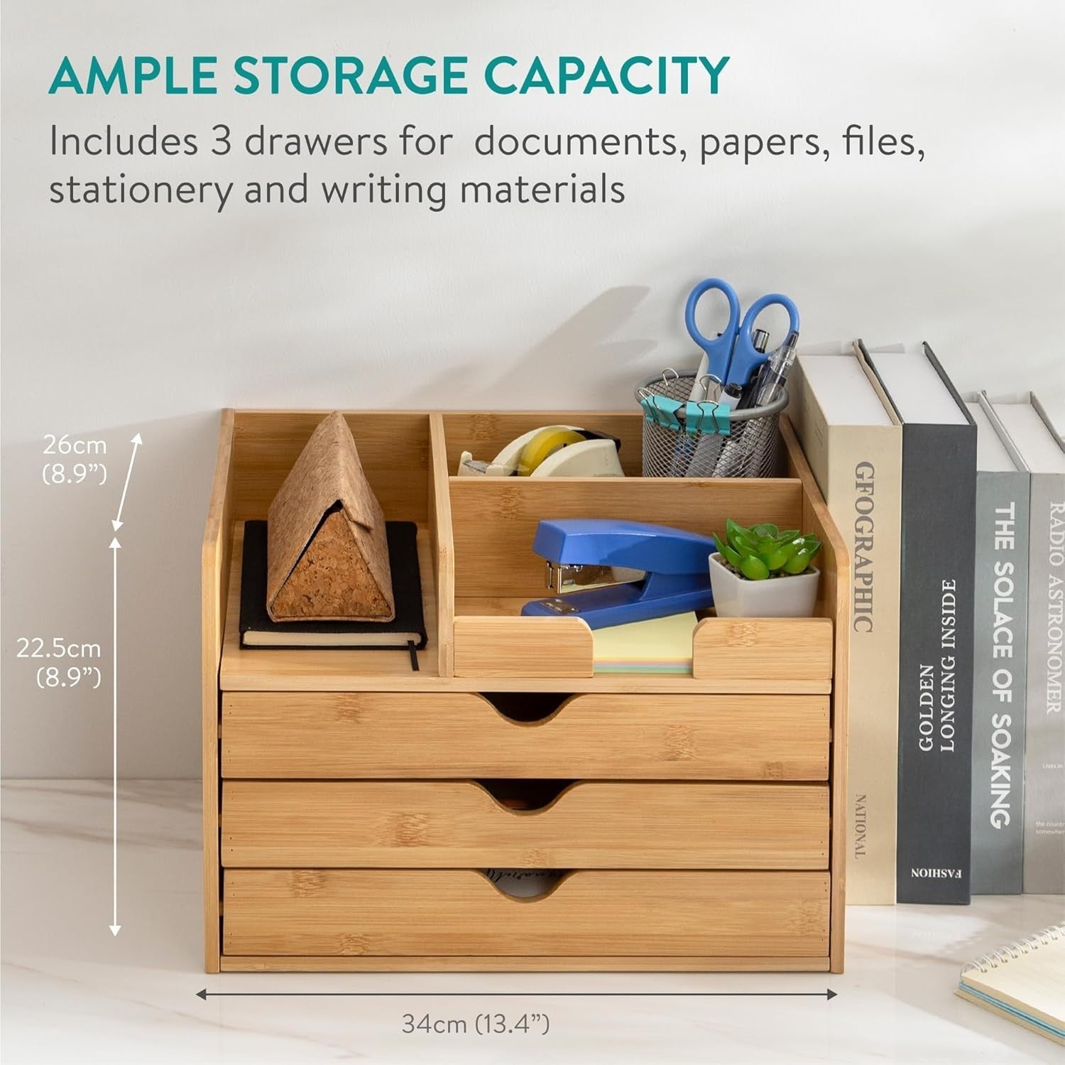 Bamboo Desk Organiser High Capacity Desktop Storage Drawers A4 Paper