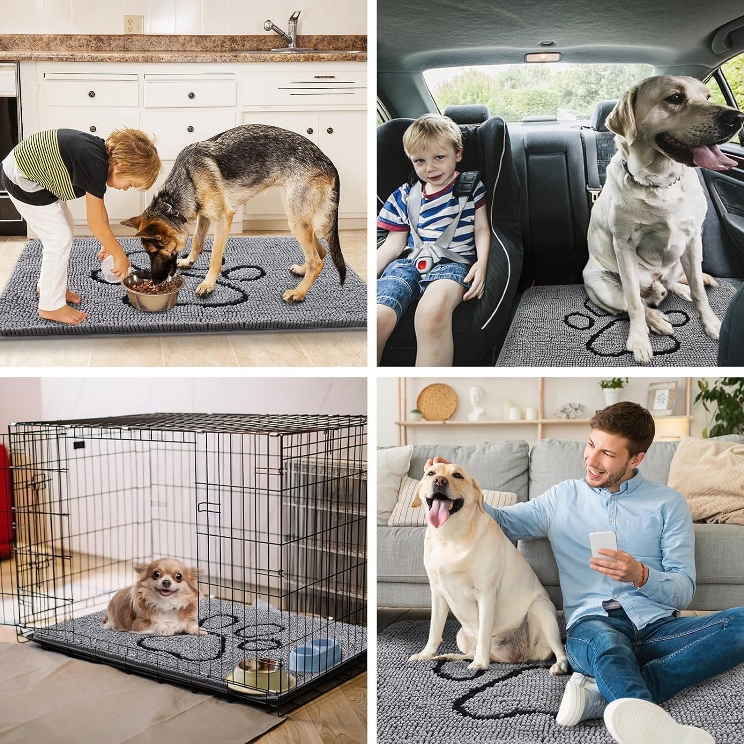 Dog Door Mat Super Absorbent Non Slip Chenille Grey Entrance Rug 76x121cm
