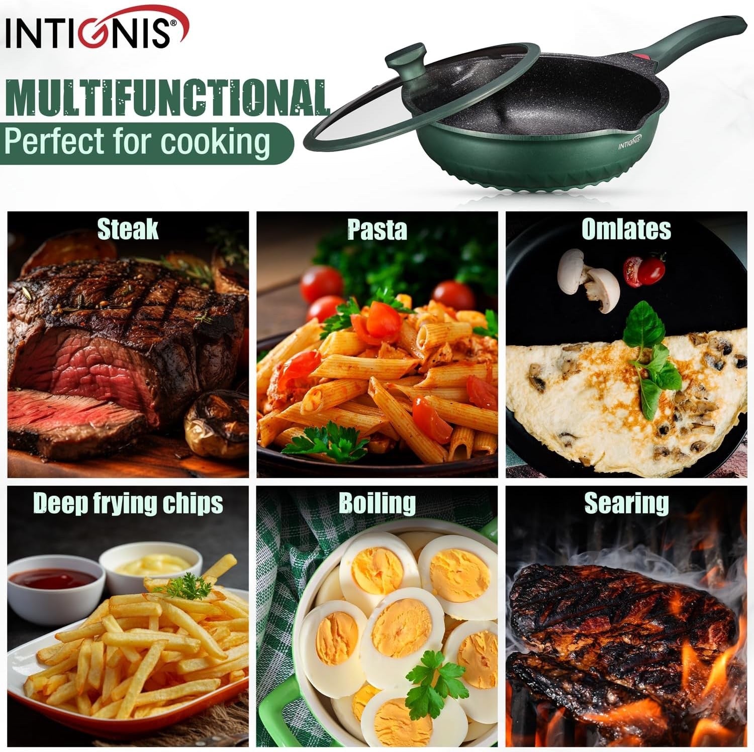 30cm Green Deep Non Stick Frying Pan with Lid  3in1 Skillet Sauté Pan & Mini Wok
