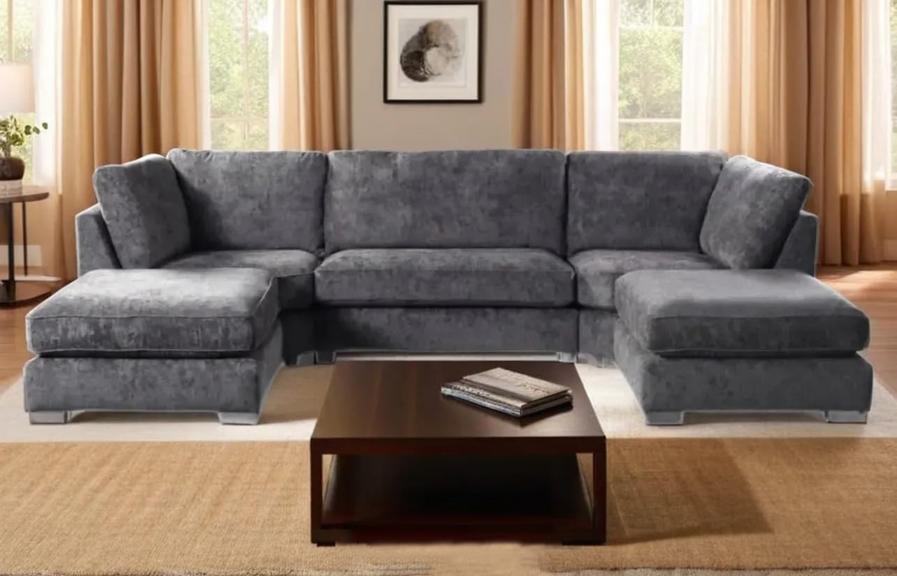 Grey U Shape Sectional Sofa 5 Seater with 2 Footstools – High Back Comfy Couch