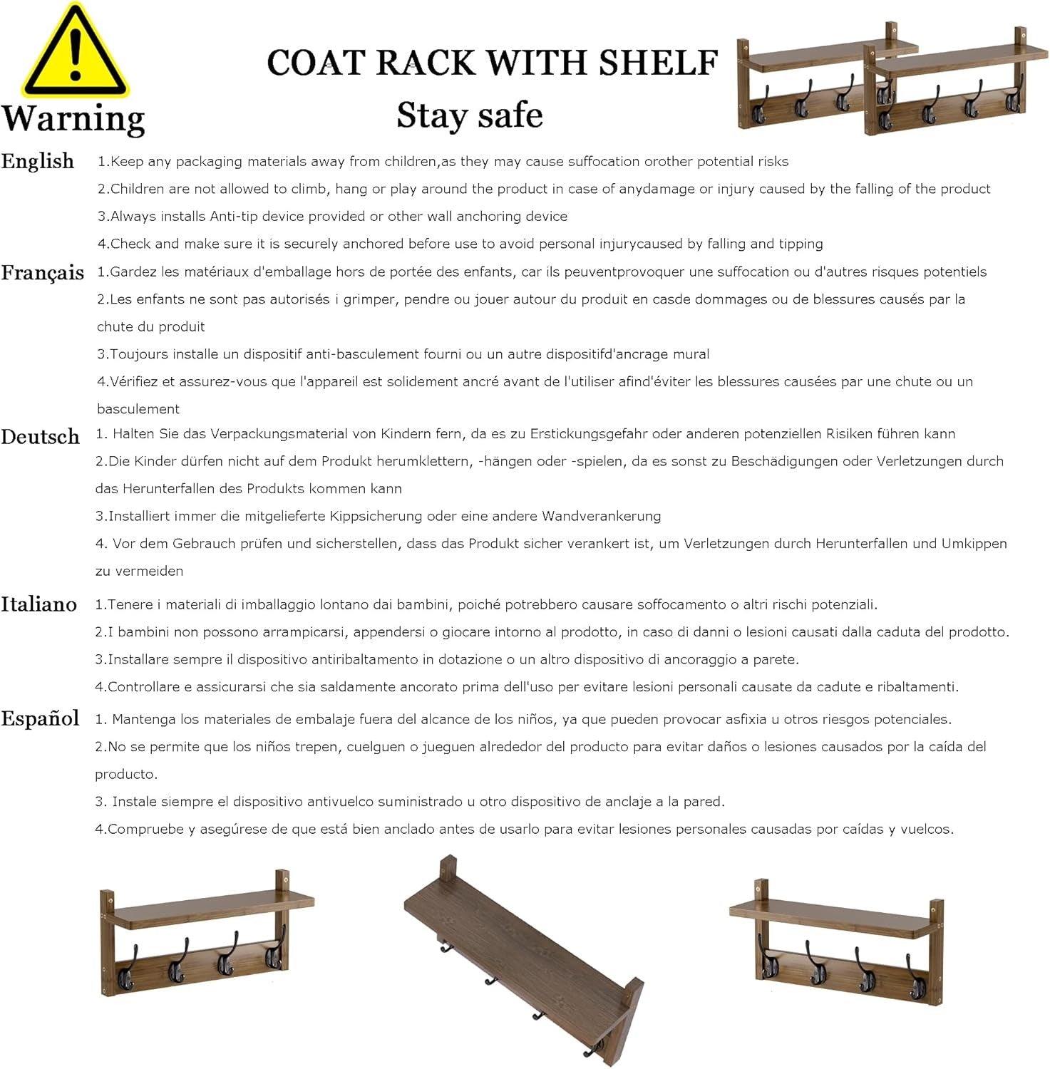 Wall Mounted Coat Rack with Shelf Set of 2 Bamboo Hooks Hallway Organizer