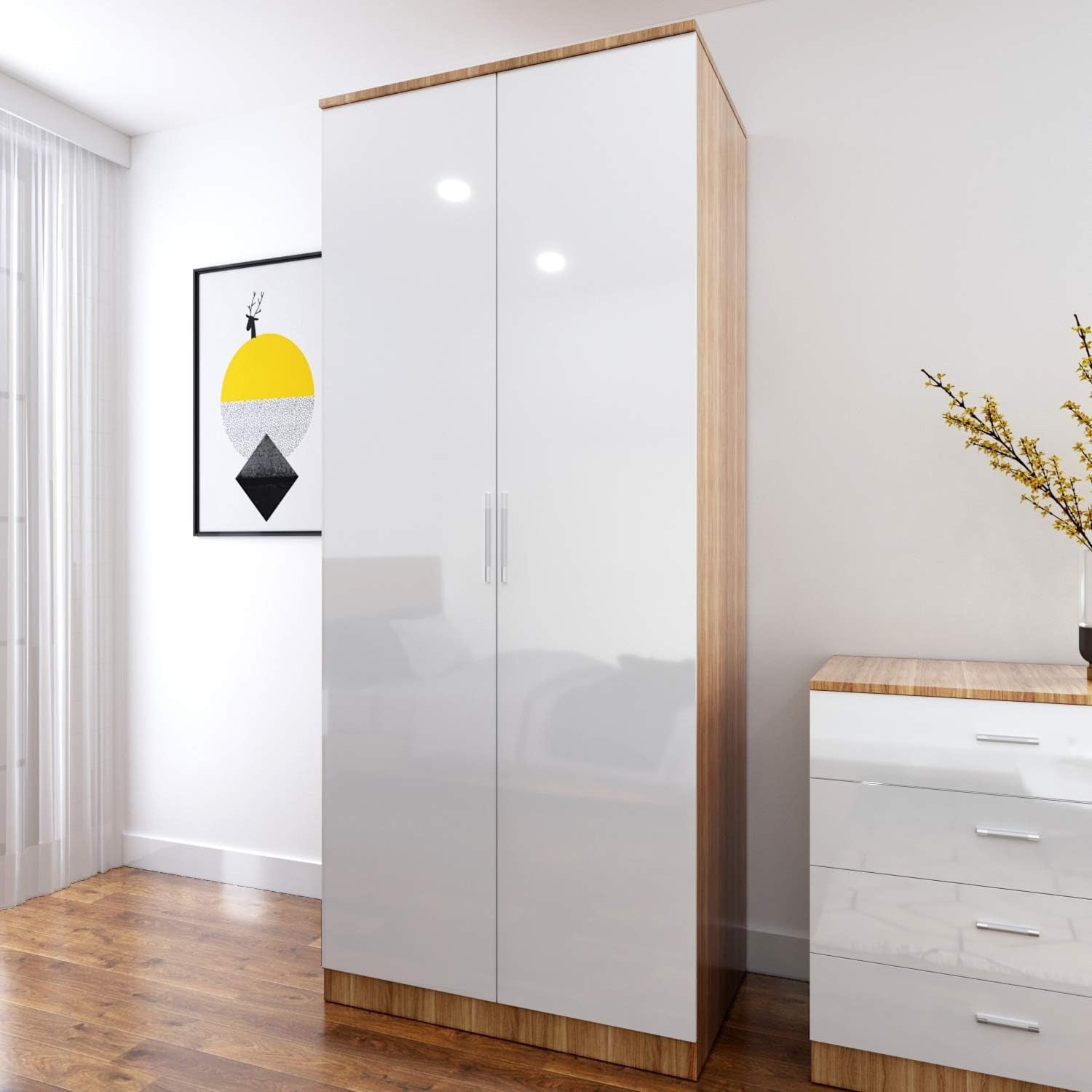 2 Door Wardrobe High Gloss White Oak Soft Close Modern Bedroom Storage