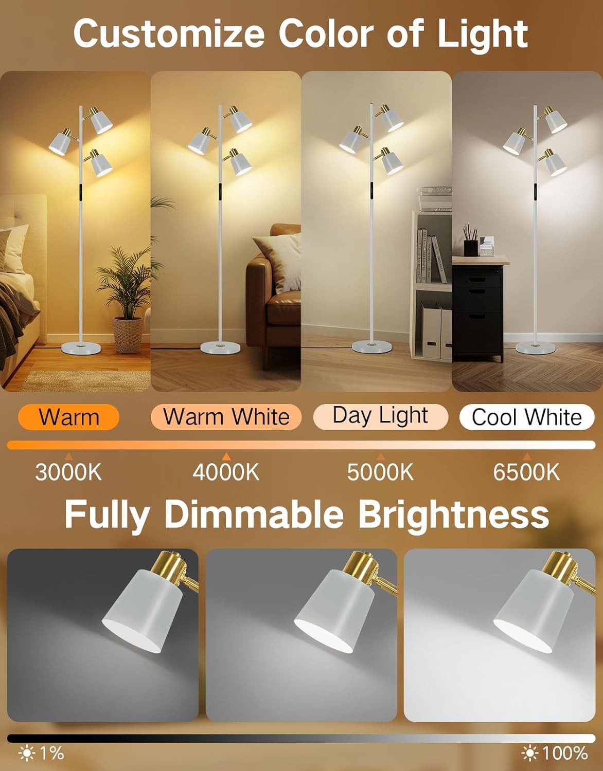 LED Tree Floor Lamp Dimmable Remote Touch 3 Head Adjustable Modern