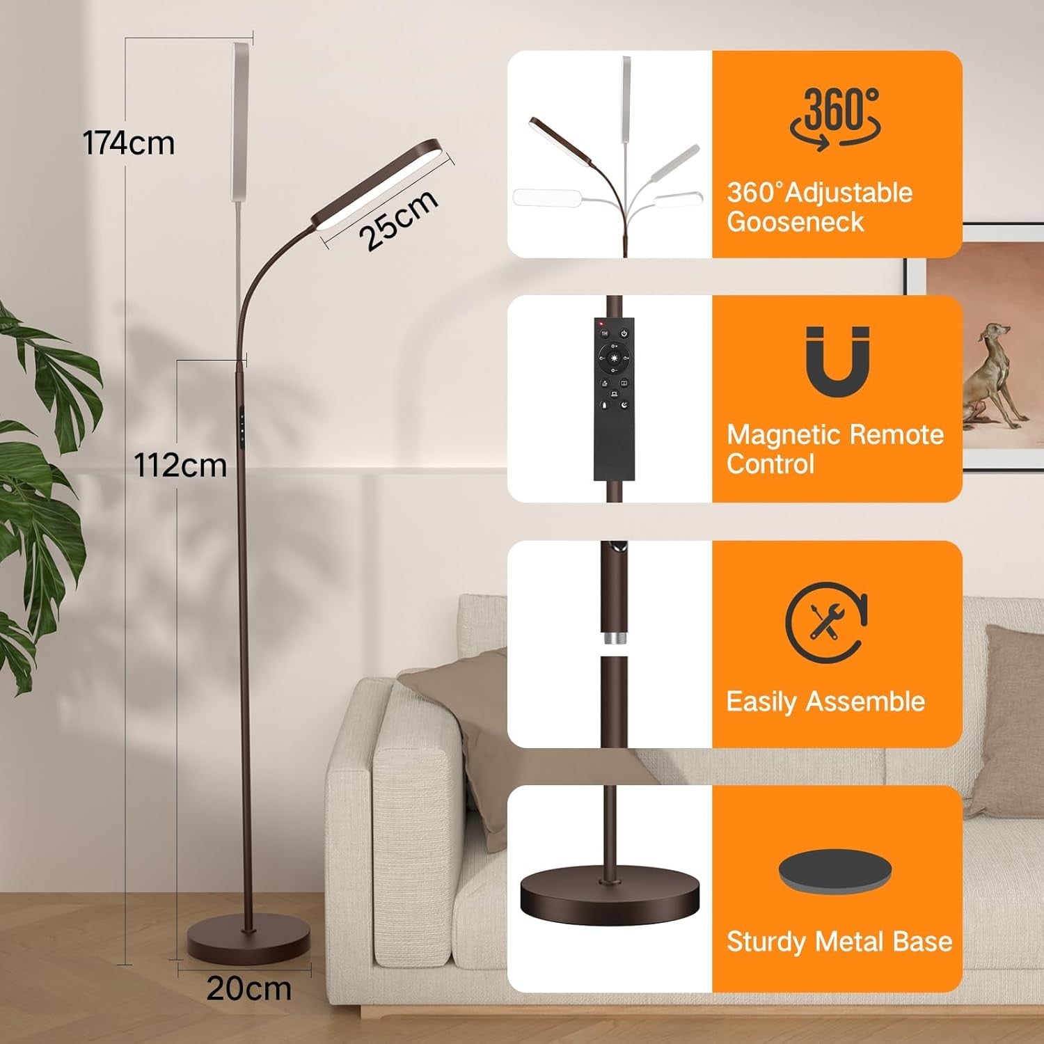 LED Floor Lamp Dimmable Gooseneck Reading Light Remote Touch Control