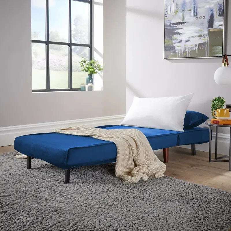 Blue Velvet Single Sofa Bed Chair Folding Seat Guest Sleeper with Pillow