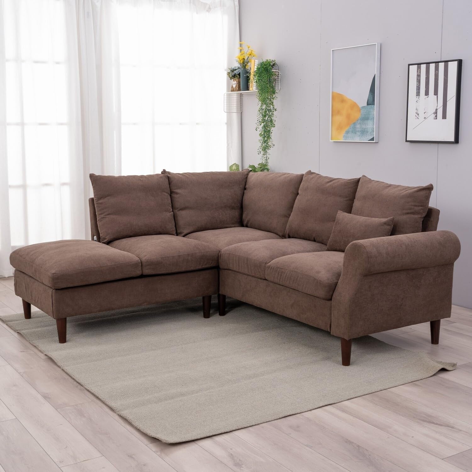 5 Seater Corner Sofa with Chaise & USB Port – Brown Linen, Space-Saving Sectiona