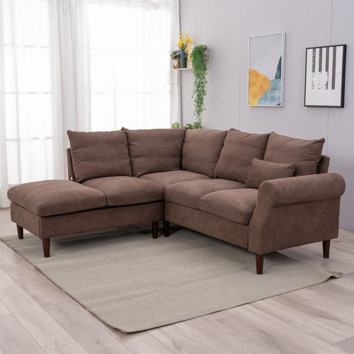 5 Seater Corner Sofa with Chaise & USB Port – Brown Linen, Space-Saving Sectiona