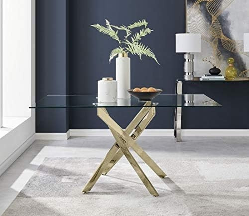 Modern Glass Dining Table with Gold Metal Legs Rectangular 6 Seater Design