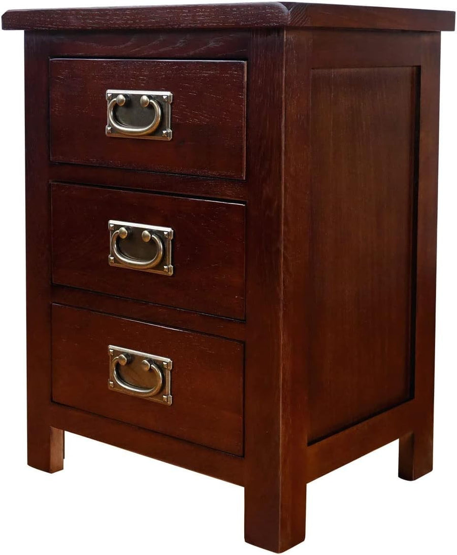 Walnut Solid Oak Bedside Table with 3 Drawers – Classic Wooden Nightstand