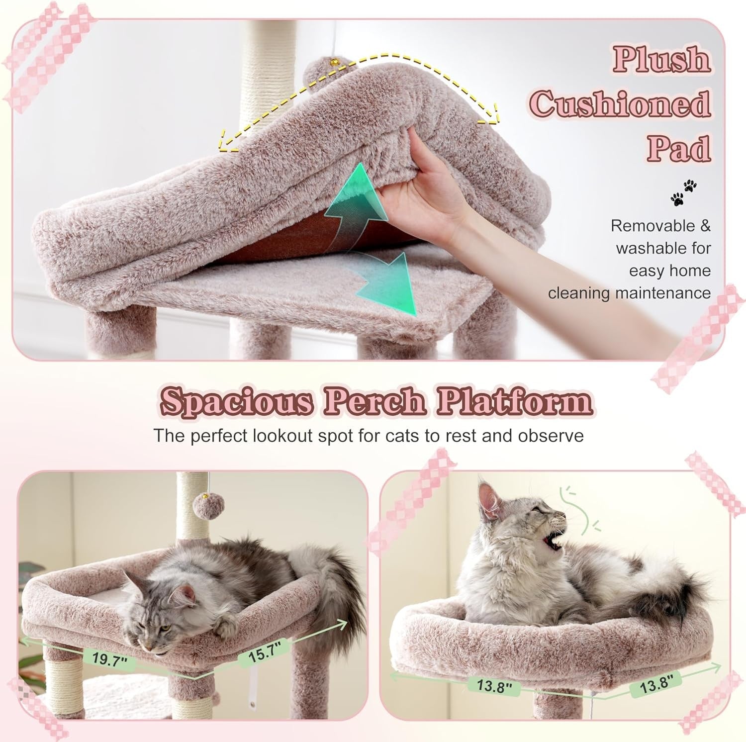 71 Inch Tall Cat Tree Mushroom Beige Large Cats Condo Tower with Hammocks